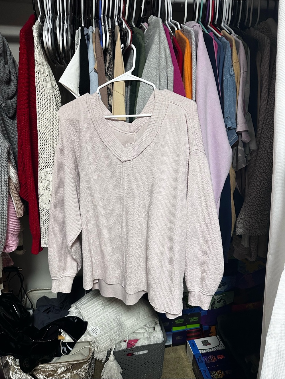 aerie Light Pink Off-the-Shoulder Waffle-Knit Sweater